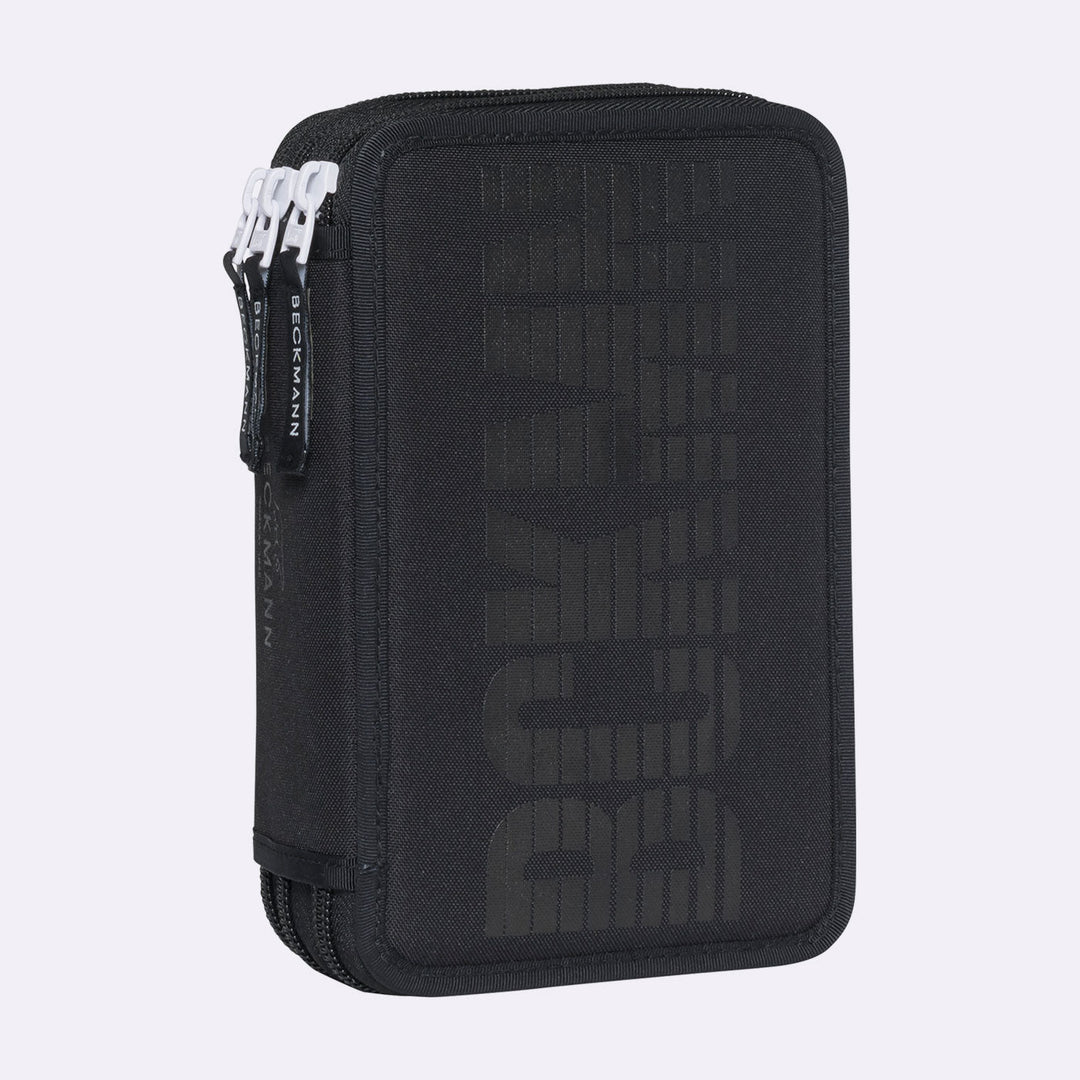 Three section pencil case with content, Black