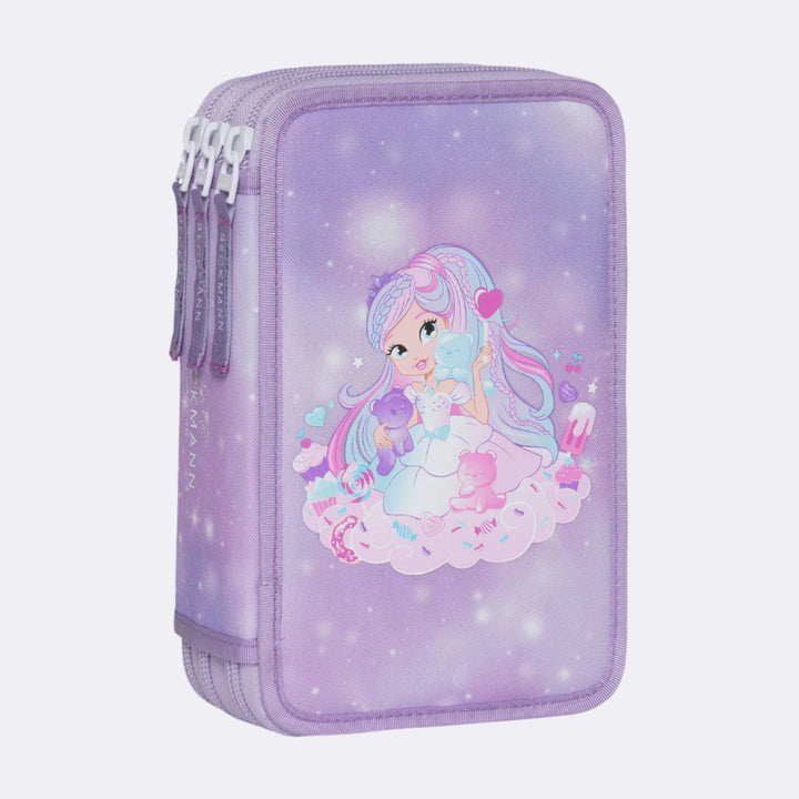 Three section pencil case with content, Candy