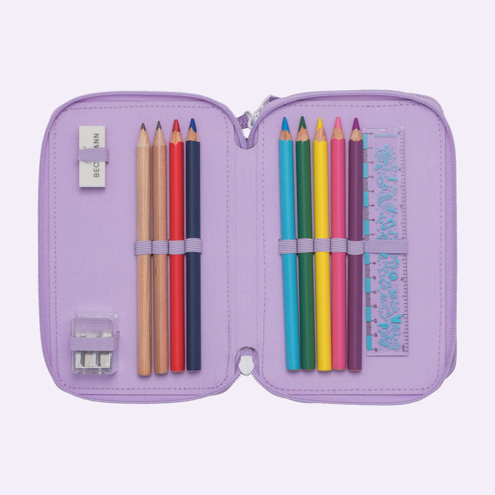 Three section pencil case with content, Candy
