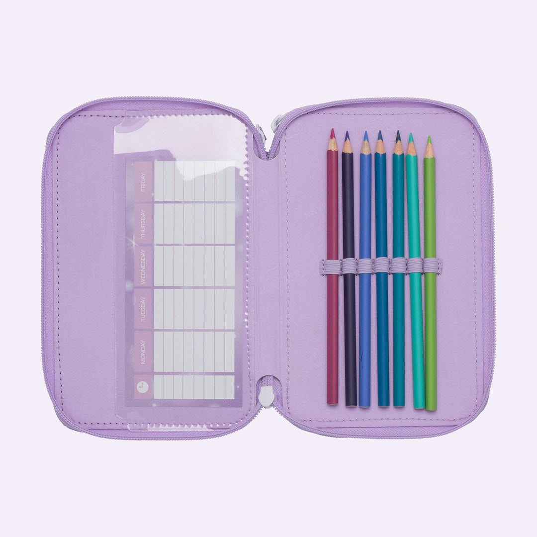 Three section pencil case with content, Candy