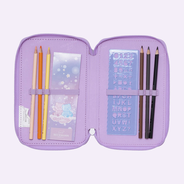 Three section pencil case with content, Candy