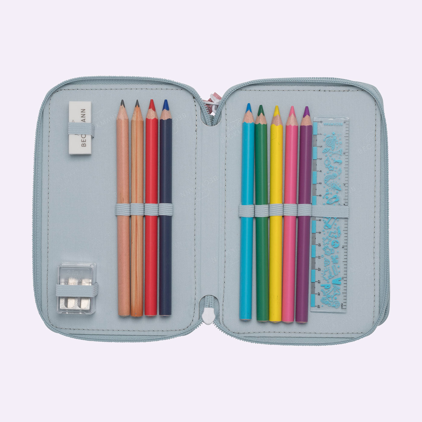 Three section pencil case with content, Forest Deer Dusty Mint