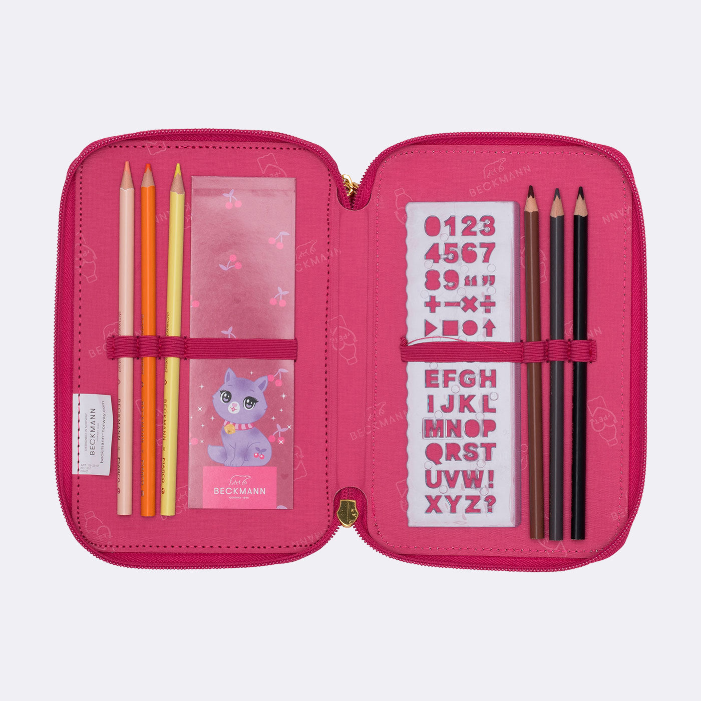 Three section pencil case with content, Cherry – Beckmann Norway