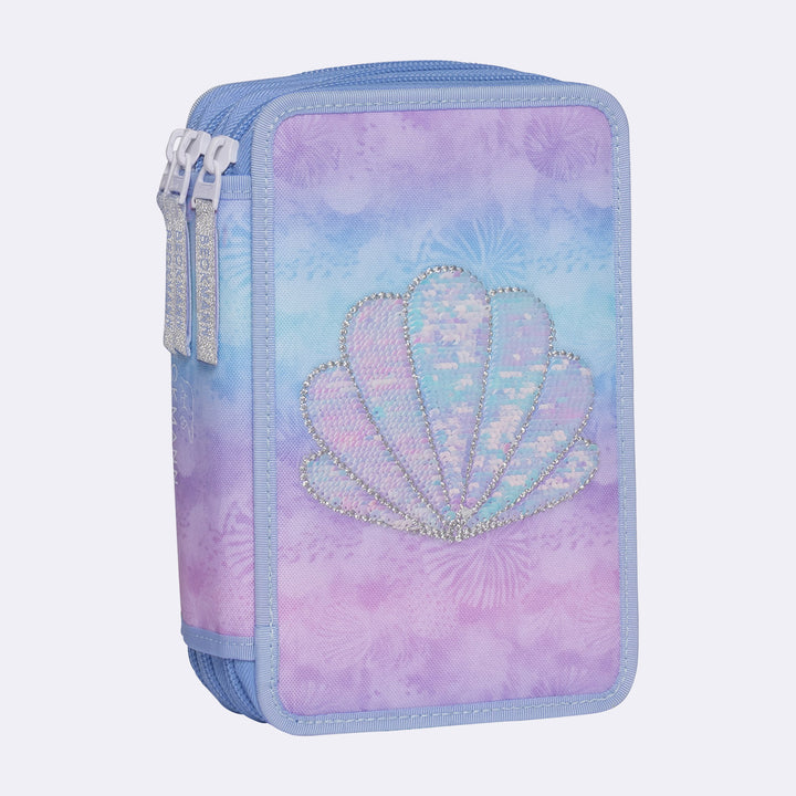 Three section pencil case with content, Seashell