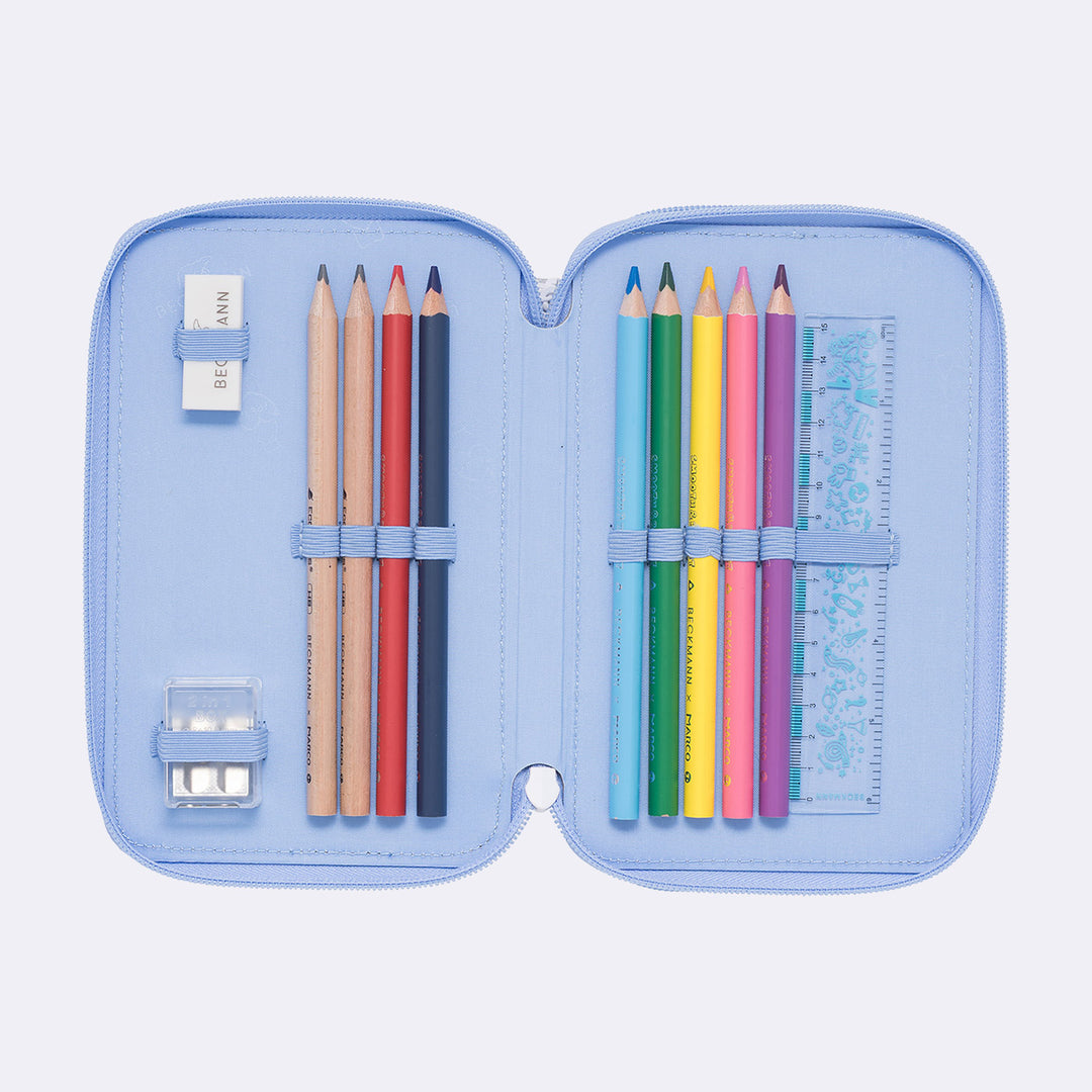 Three section pencil case with content, Seashell