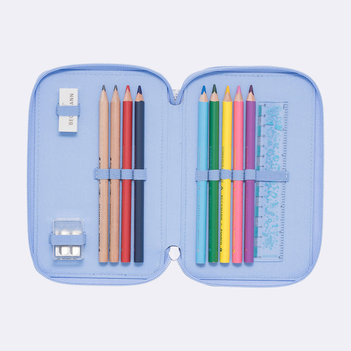 Three section pencil case with content, Seashell