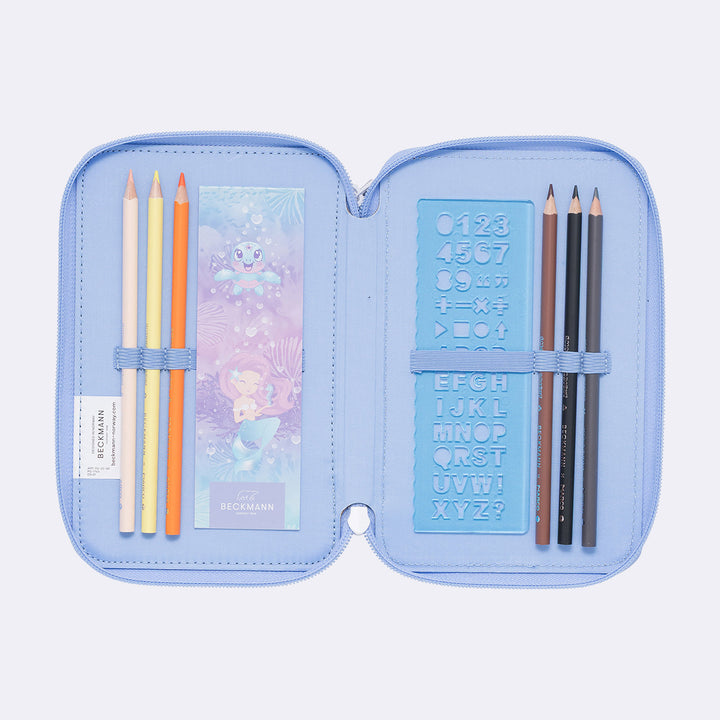 Three section pencil case with content, Seashell