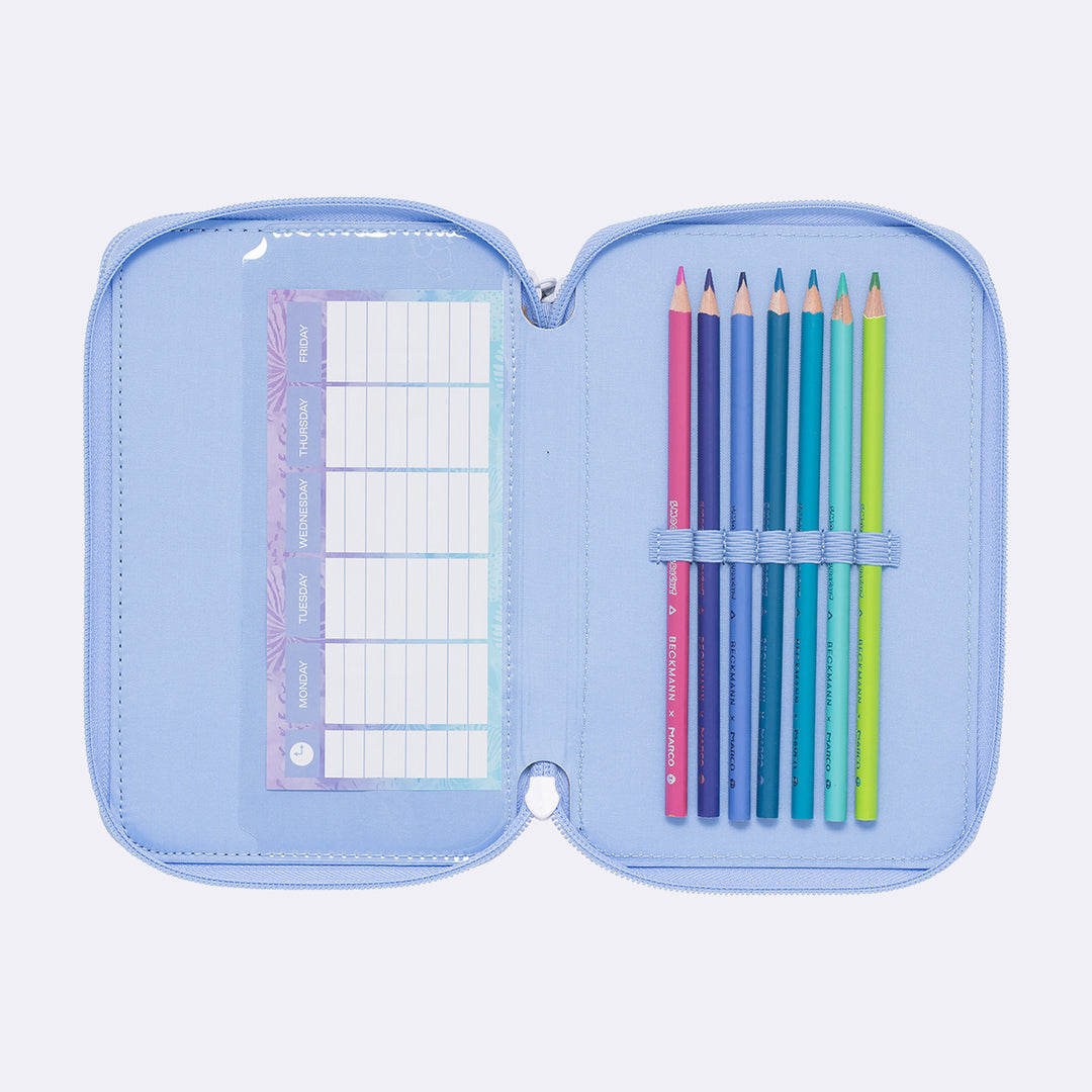 Three section pencil case with content, Seashell