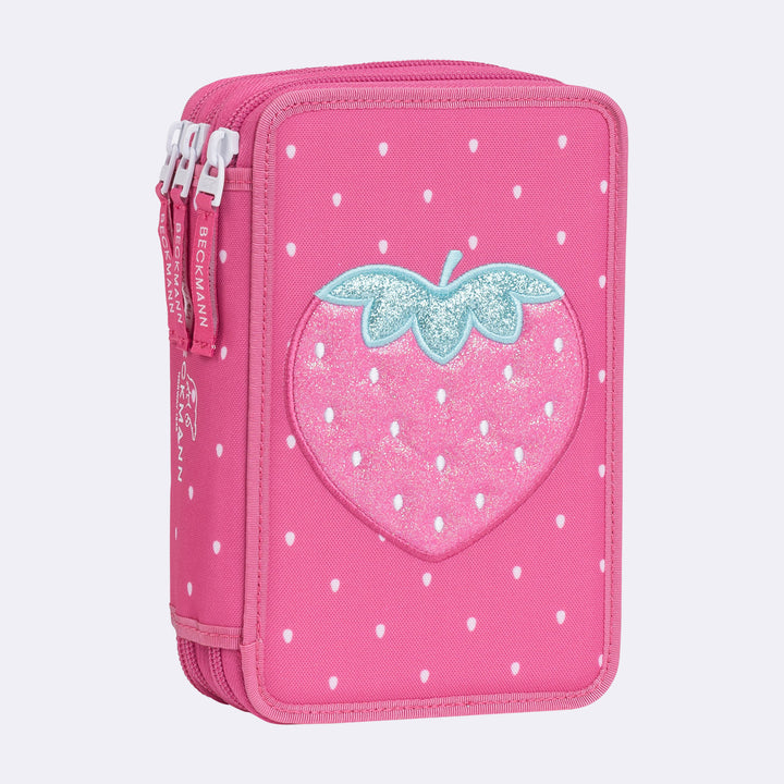 Three section pencil case with content, Strawberry