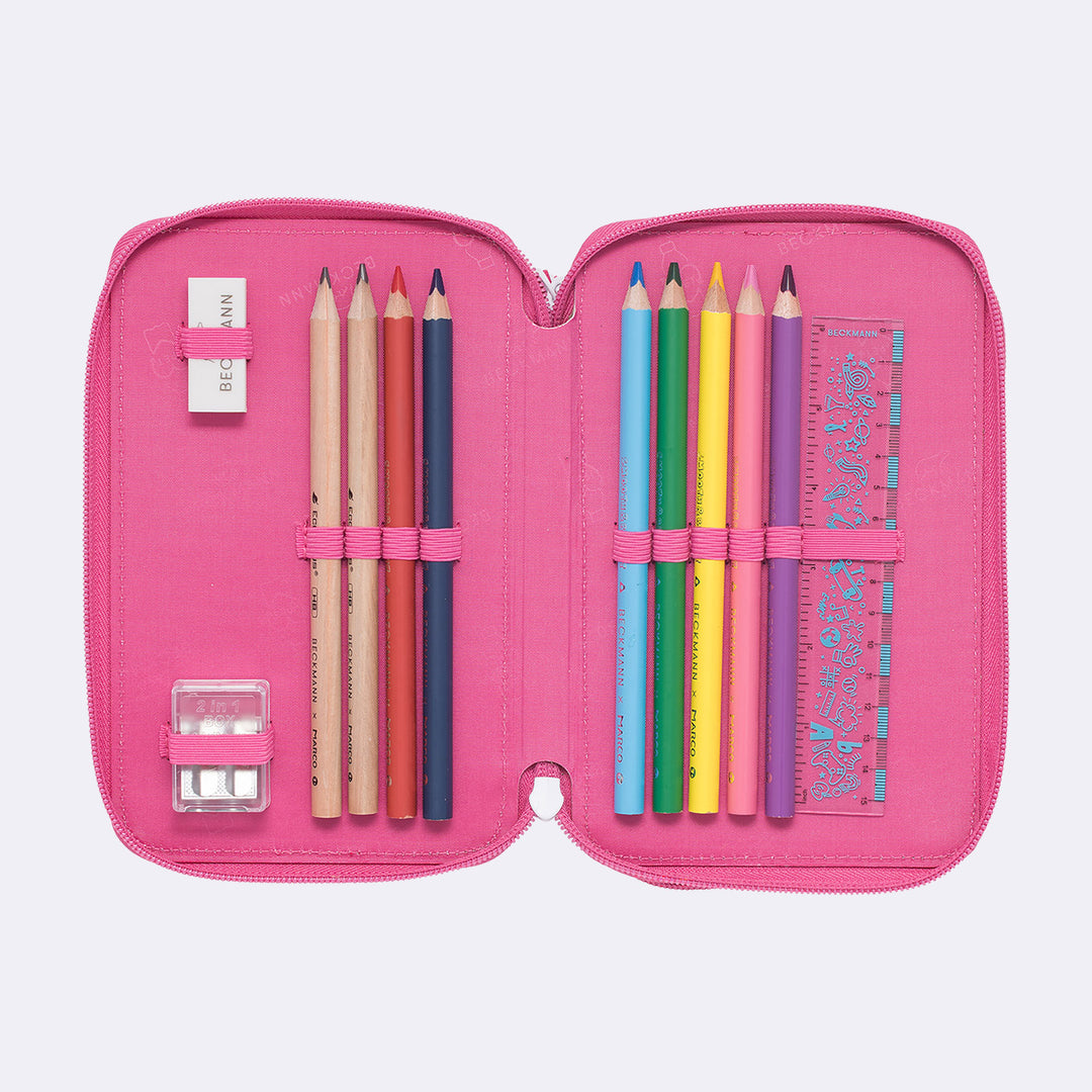 Three section pencil case with content, Strawberry
