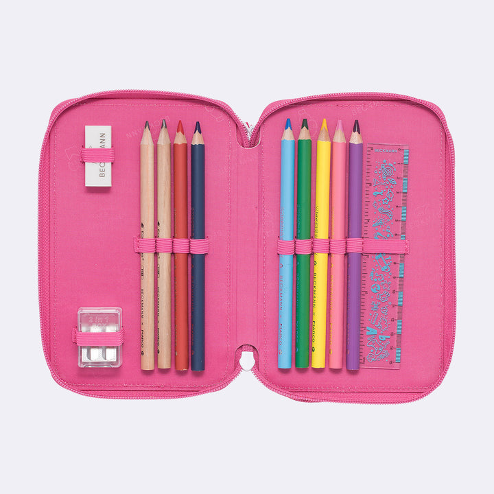 Three section pencil case with content, Strawberry