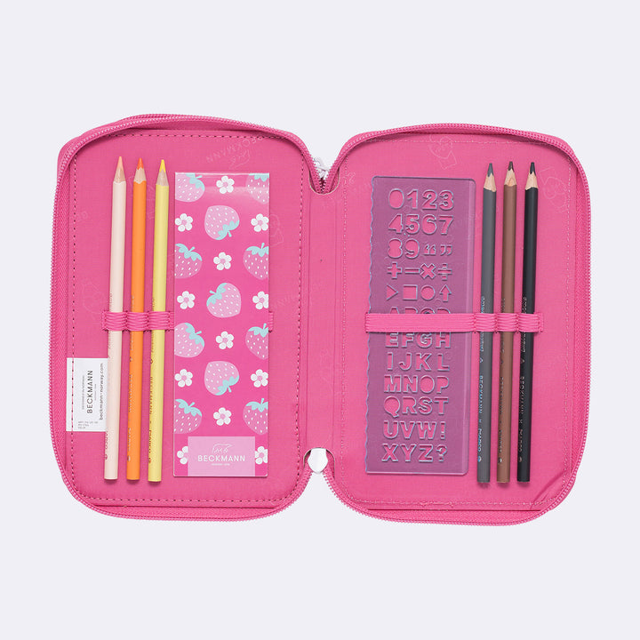 Three section pencil case with content, Strawberry