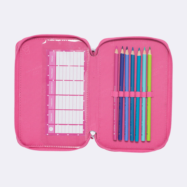 Three section pencil case with content, Strawberry