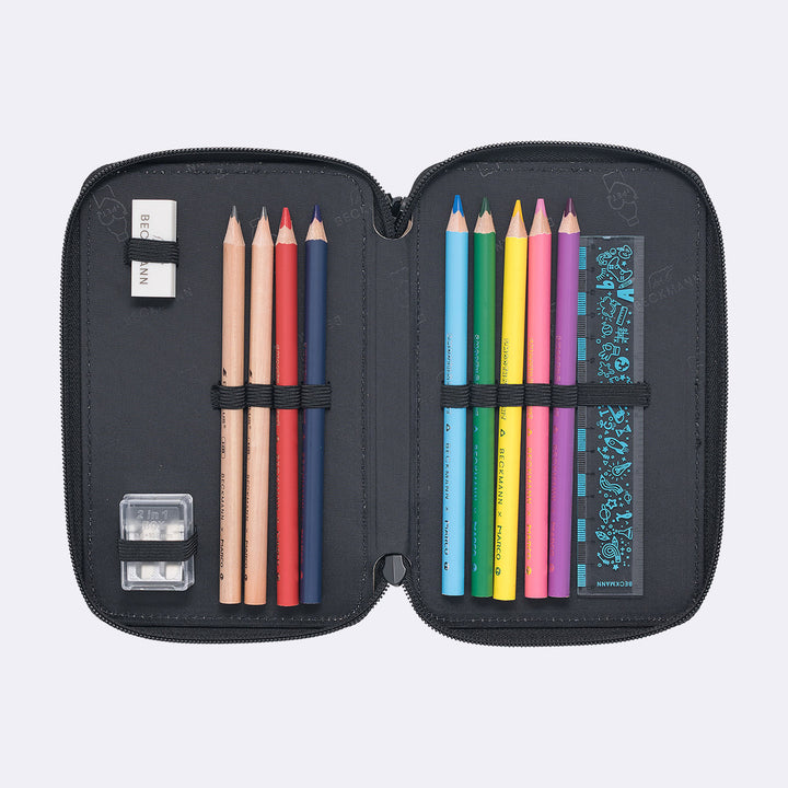 Three section pencil case with content, Pixel