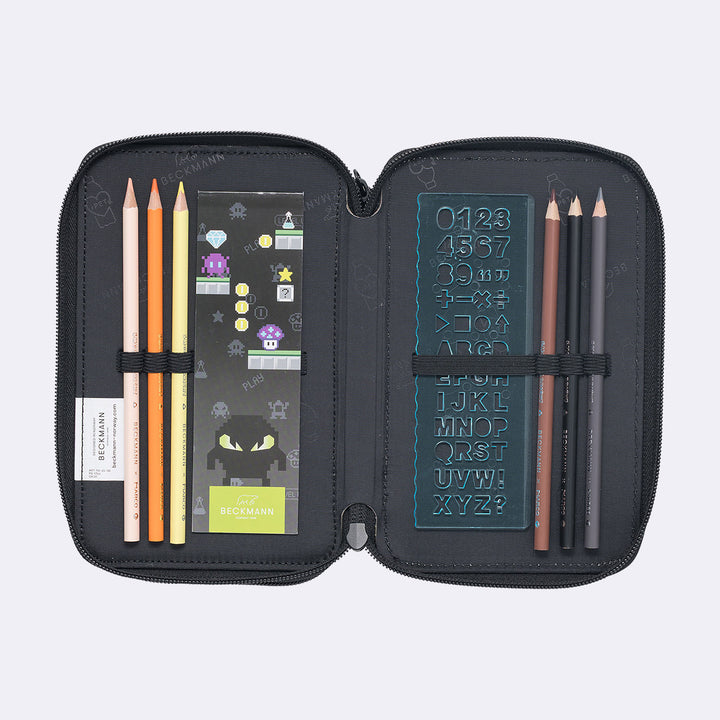 Three section pencil case with content, Pixel