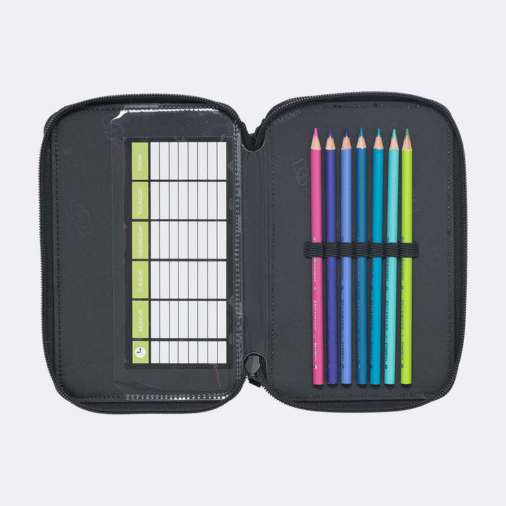 Three section pencil case with content, Pixel