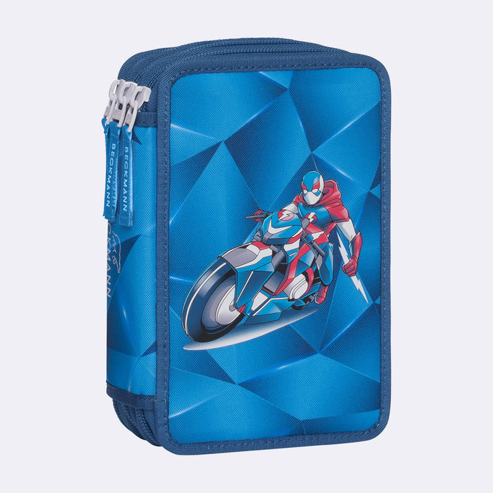 Three section pencil case with content, Blue Lightning