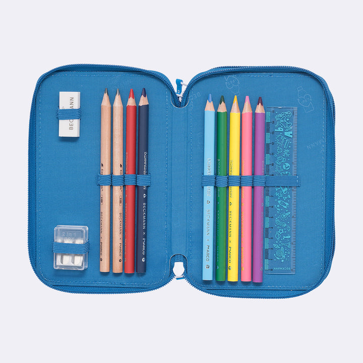 Three section pencil case with content, Blue Lightning