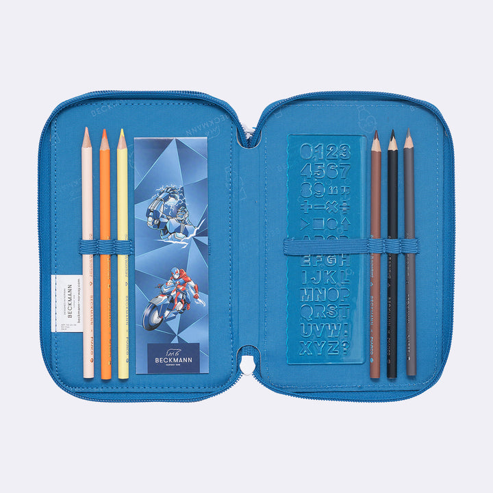 Three section pencil case with content, Blue Lightning