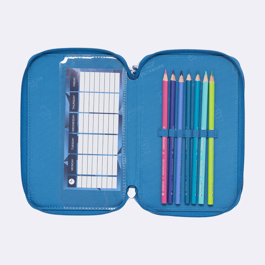 Three section pencil case with content, Blue Lightning