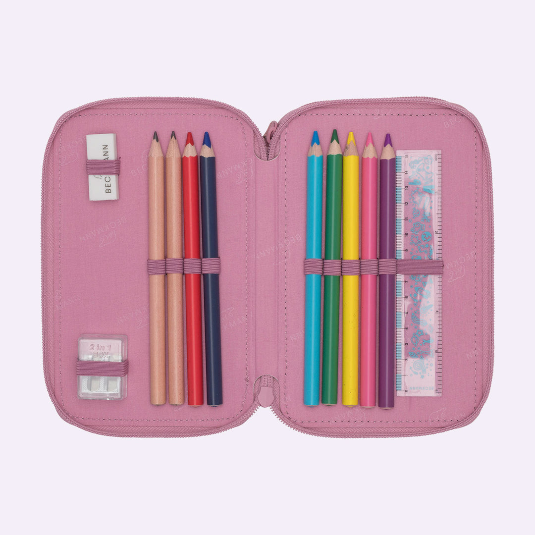 Trelags penalhus med indhold, Pink