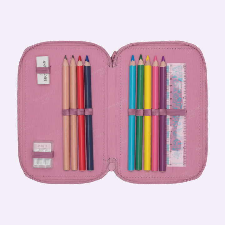 Trelags penalhus med indhold, Pink