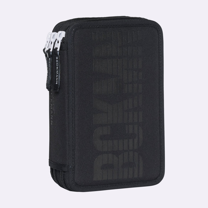 Three section pencil case with content, Black