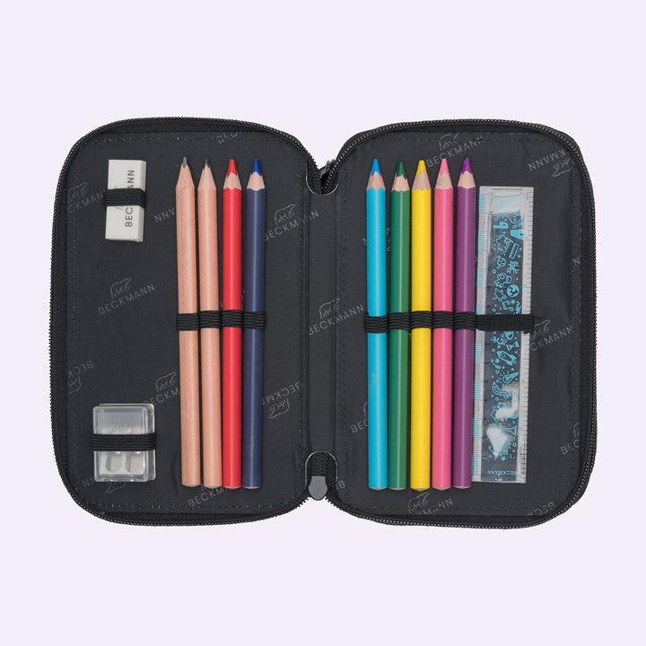 Three section pencil case with content, Black