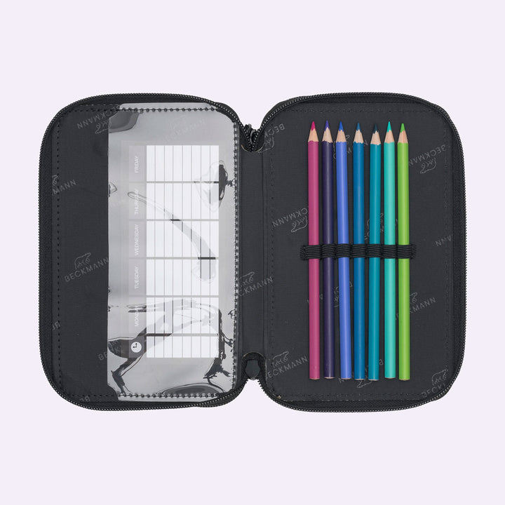 Three section pencil case with content, Black