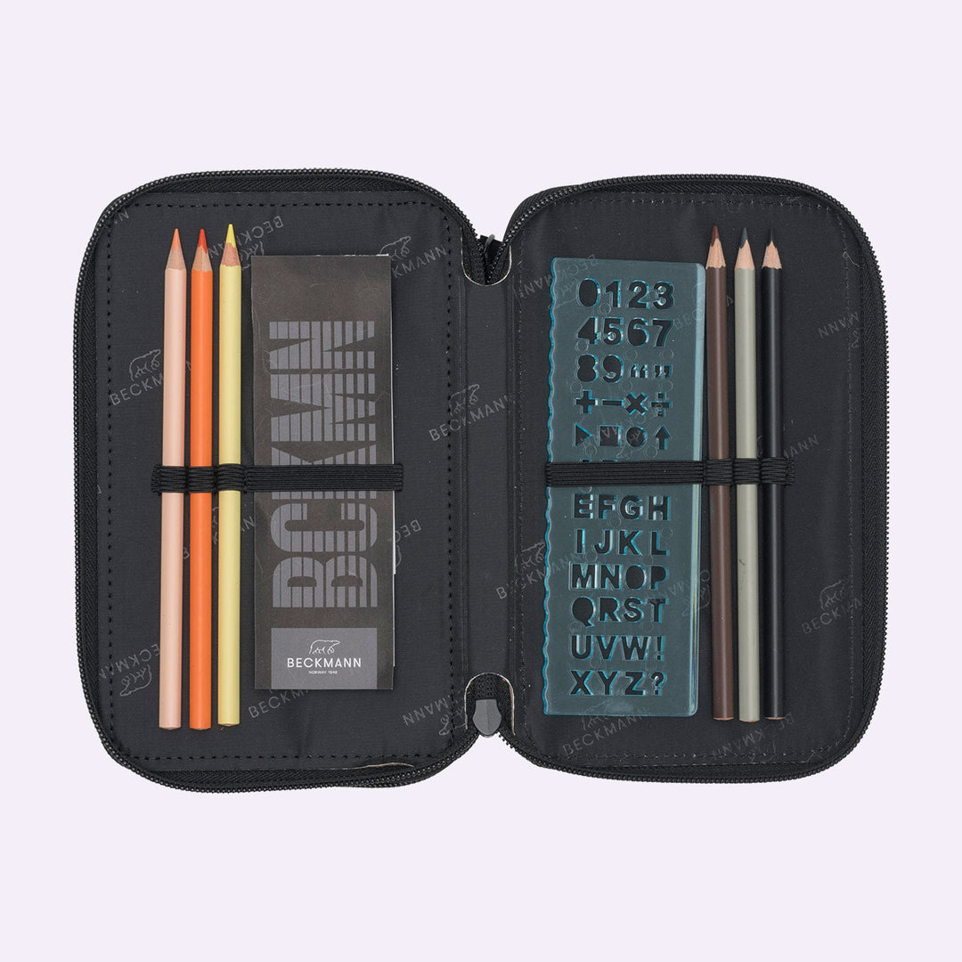 Three section pencil case with content, Black