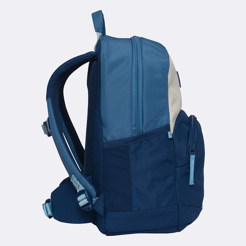 Blue backpack on a light gray background